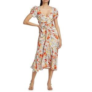 cinq a sept Floral Midi Dress in White, Orange and Yellow